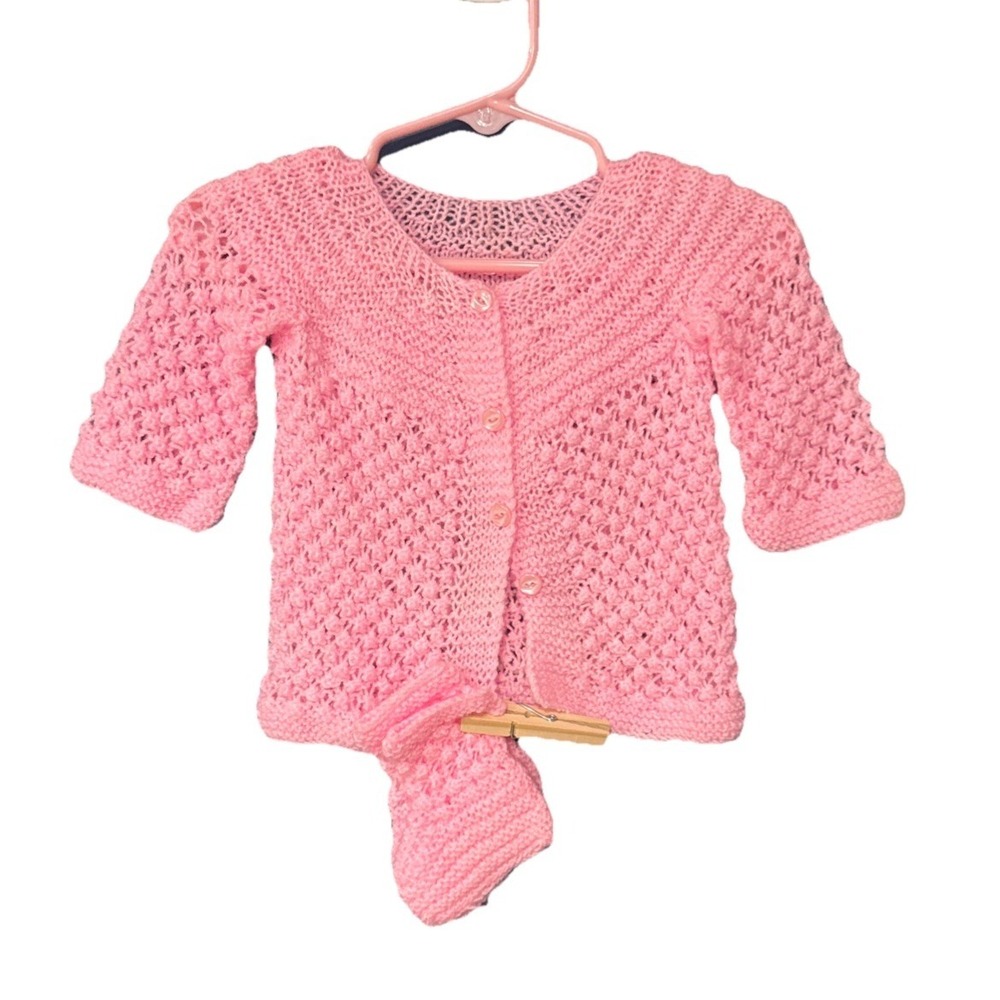 Handmade Infant Girl Pink Crochet Baby Set Sweater & Booties Newborn Baby Shower
